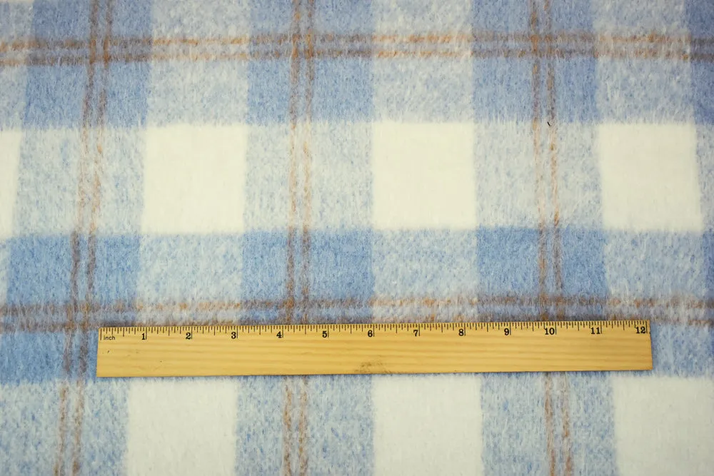 Blue-White-Brown Famous Designer Poly Brushed Plaid Jacketing Woven Fabric