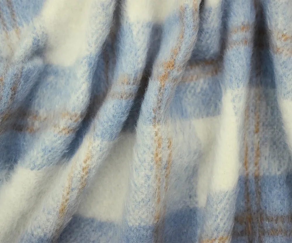 Blue-White-Brown Famous Designer Poly Brushed Plaid Jacketing Woven Fabric