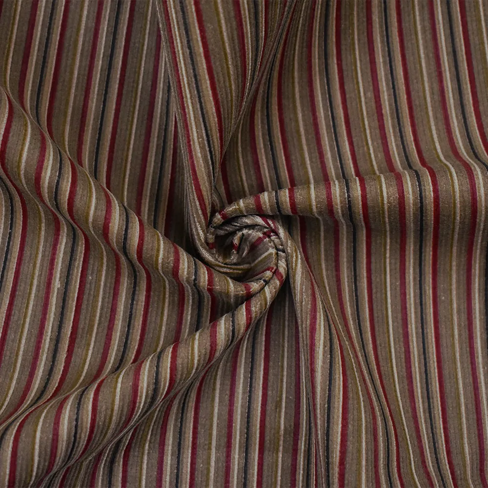 Brown-Black-Red Polyester Stripe Printed Corduroy Woven Fabric