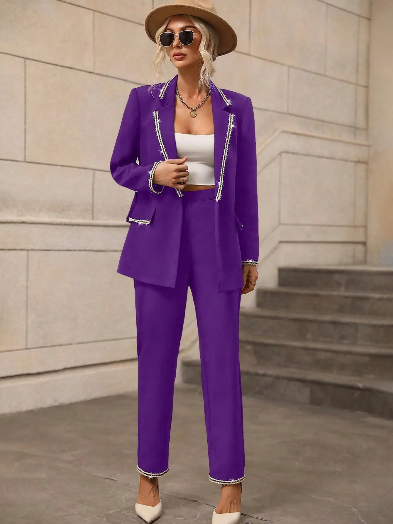 Contrast Trim Open Front Belted Blazer & Pants