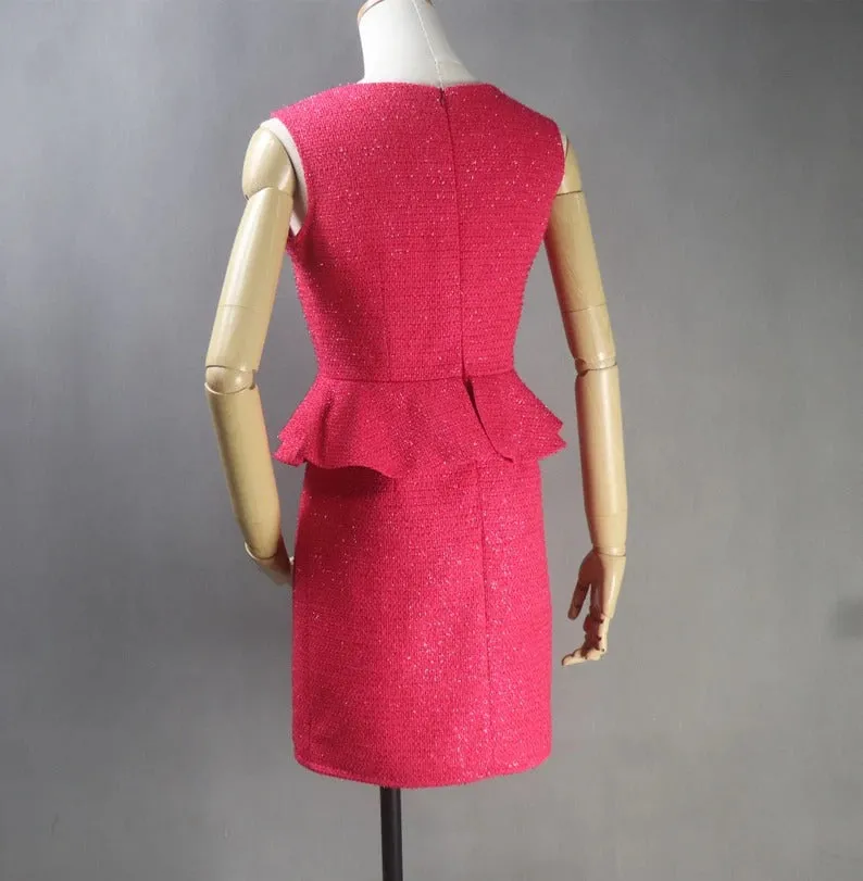 Custom Made Suits Tweed Crop Jacket   Ruffle Dress Hot Pink