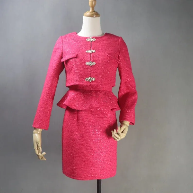 Custom Made Suits Tweed Crop Jacket   Ruffle Dress Hot Pink