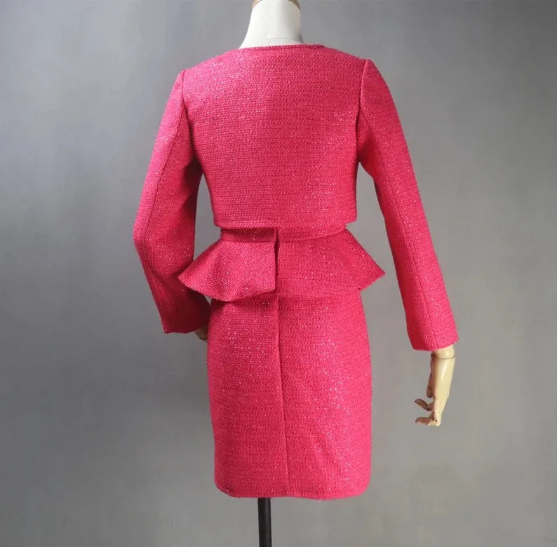 Custom Made Suits Tweed Crop Jacket   Ruffle Dress Hot Pink