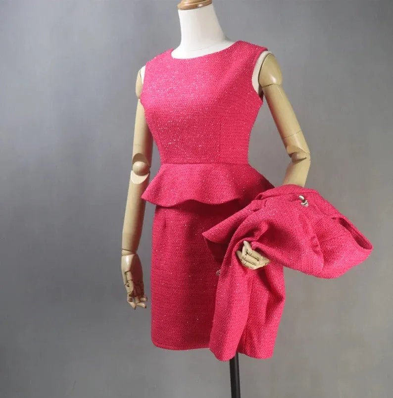 Custom Made Suits Tweed Crop Jacket   Ruffle Dress Hot Pink