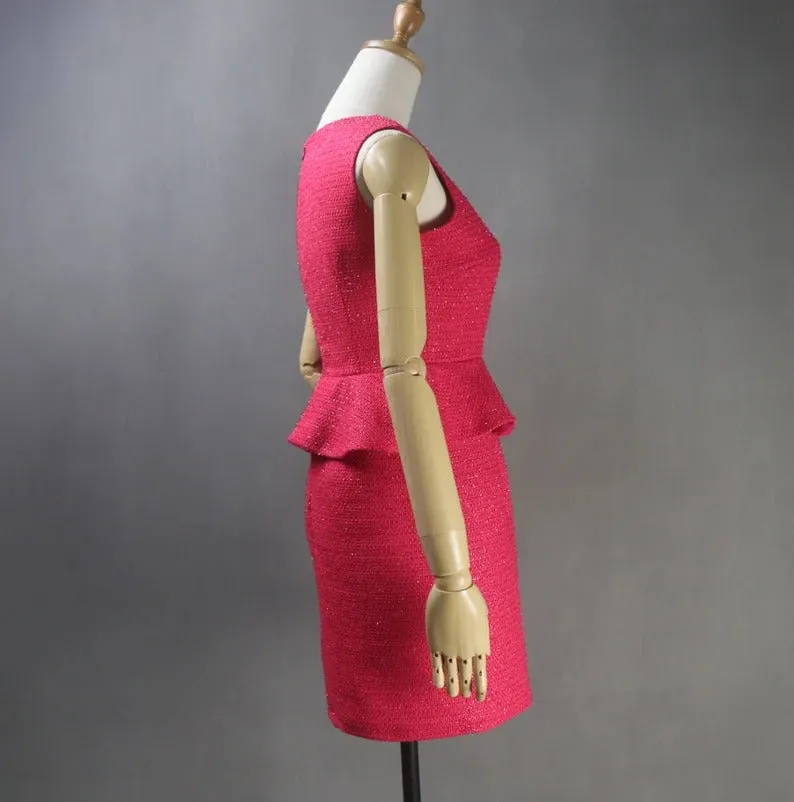 Custom Made Suits Tweed Crop Jacket   Ruffle Dress Hot Pink