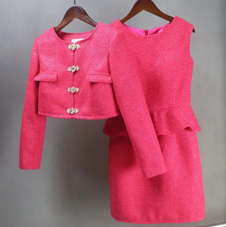 Custom Made Suits Tweed Crop Jacket   Ruffle Dress Hot Pink