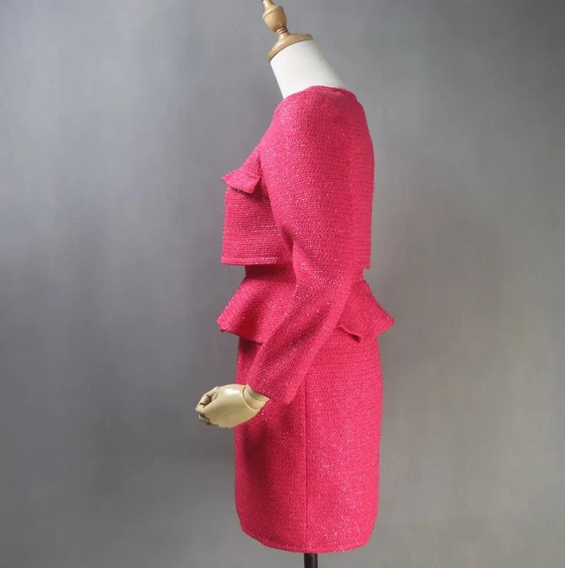 Custom Made Suits Tweed Crop Jacket   Ruffle Dress Hot Pink