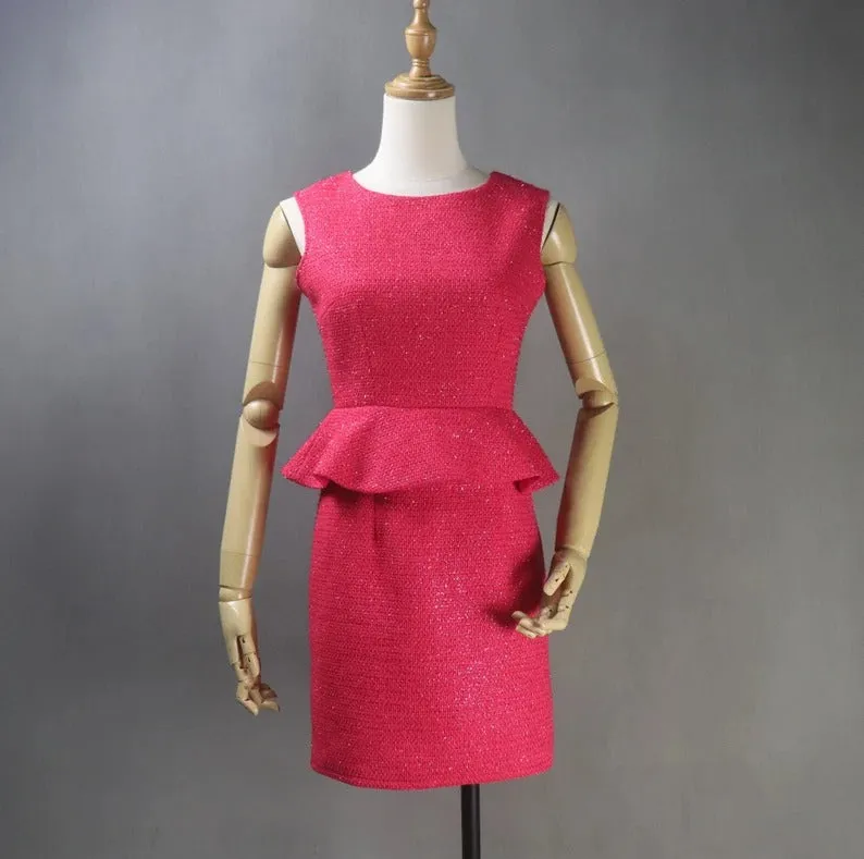 Custom Made Suits Tweed Crop Jacket   Ruffle Dress Hot Pink