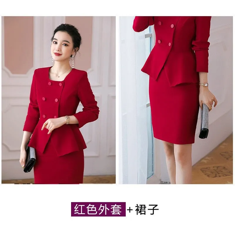 Long-sleeved Knee Length Midi Skirt Suit Jacket Office Lady Suit Set Asymmetrical Slimming Jacket Business Suit For Women Skirt