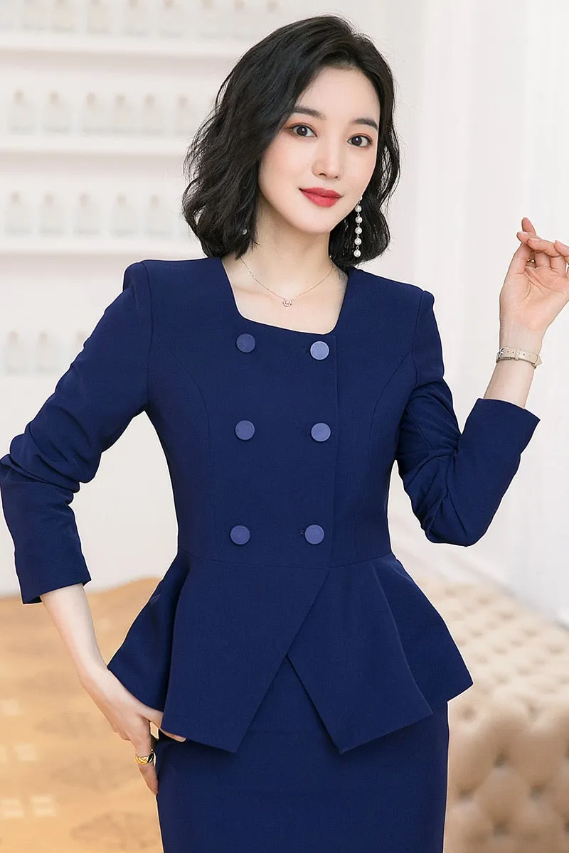 Long-sleeved Knee Length Midi Skirt Suit Jacket Office Lady Suit Set Asymmetrical Slimming Jacket Business Suit For Women Skirt