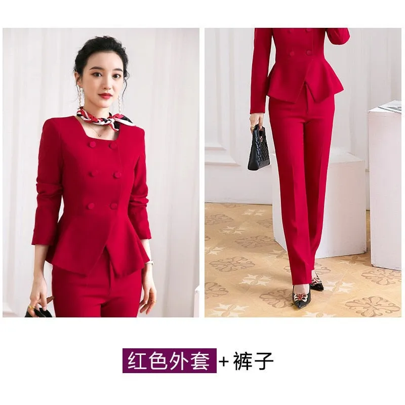 Long-sleeved Knee Length Midi Skirt Suit Jacket Office Lady Suit Set Asymmetrical Slimming Jacket Business Suit For Women Skirt