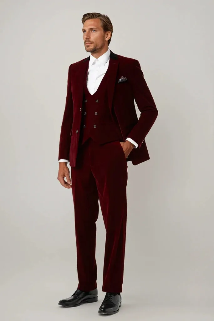 Men Velvet Wine Three Piece Suit Wedding Prom Suit Stylish Groom Wear & Groomsmen Suit Dinner Partywear Suit