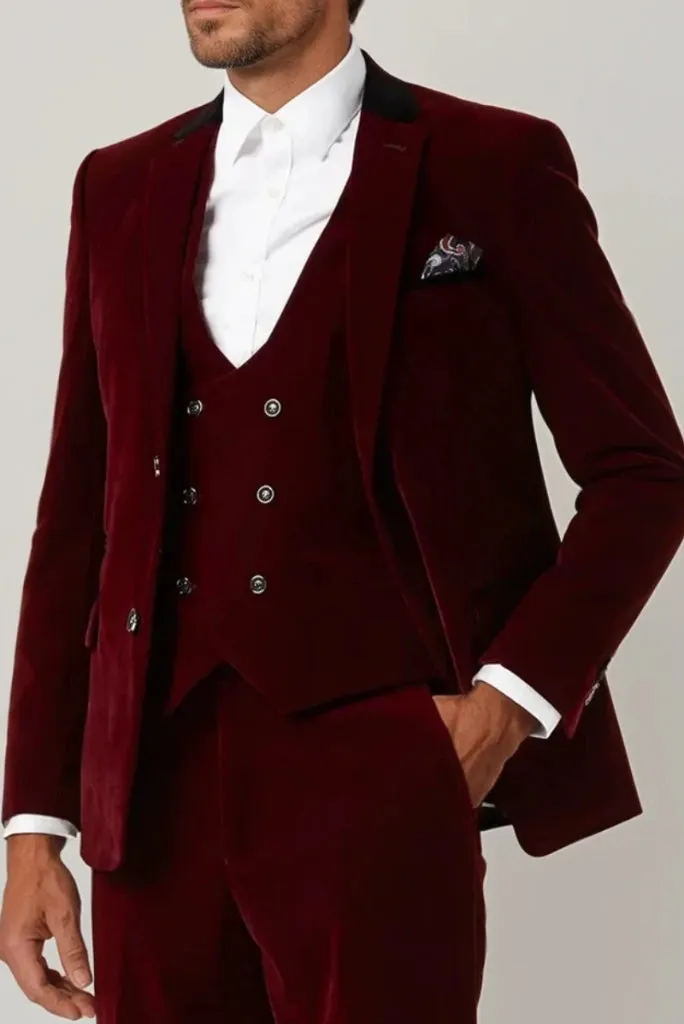 Men Velvet Wine Three Piece Suit Wedding Prom Suit Stylish Groom Wear & Groomsmen Suit Dinner Partywear Suit