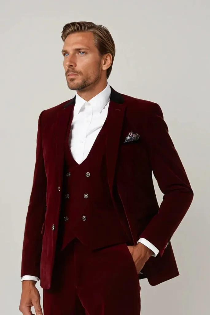 Men Velvet Wine Three Piece Suit Wedding Prom Suit Stylish Groom Wear & Groomsmen Suit Dinner Partywear Suit