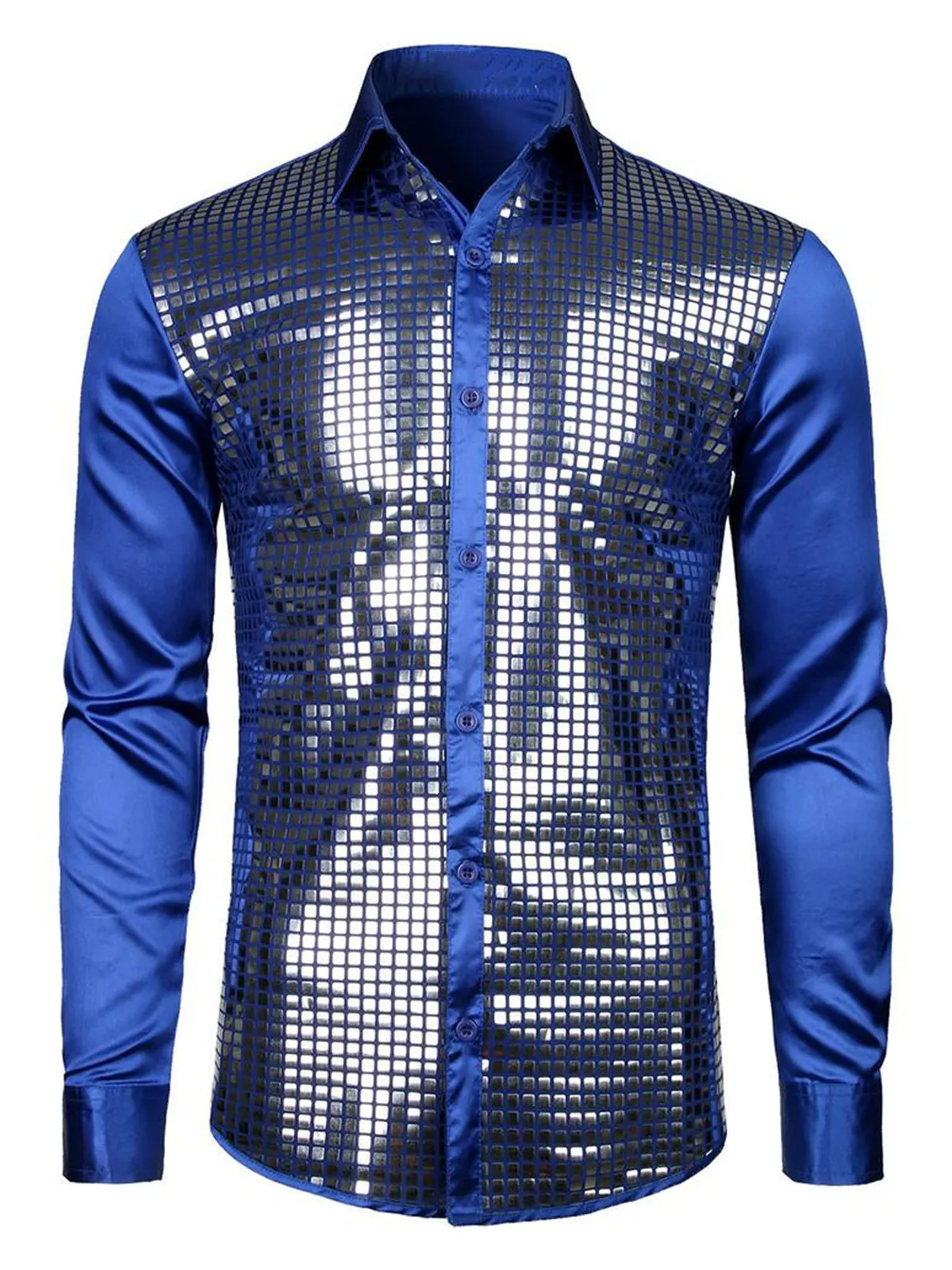 Mens Dress Shirt Silver Sequins Long Sleeve Button Down  Disco Shirt Party Costume