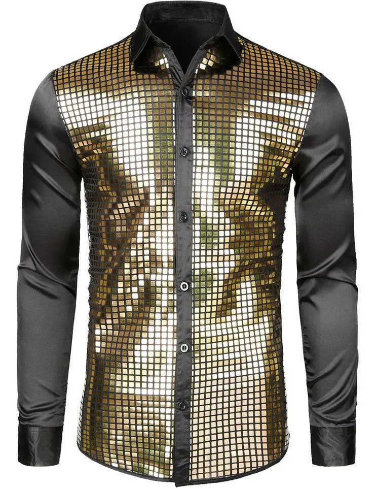 Mens Dress Shirt Silver Sequins Long Sleeve Button Down  Disco Shirt Party Costume