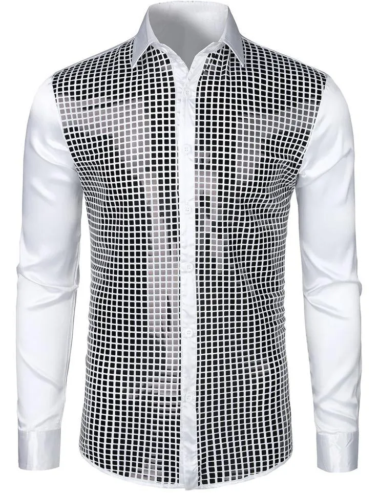 Mens Dress Shirt Silver Sequins Long Sleeve Button Down  Disco Shirt Party Costume