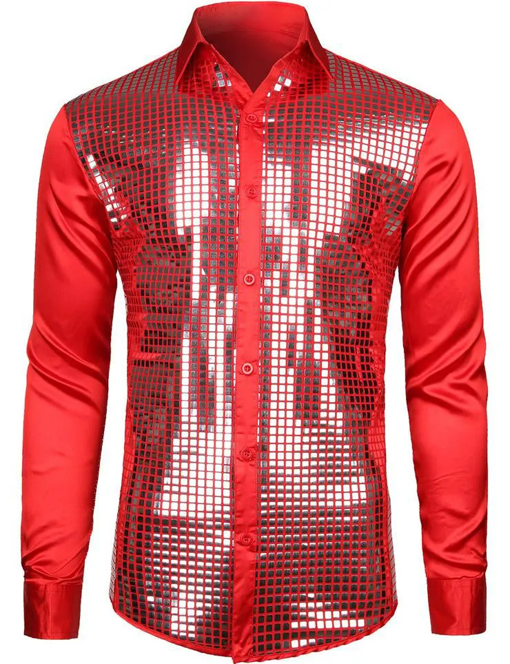 Mens Dress Shirt Silver Sequins Long Sleeve Button Down  Disco Shirt Party Costume