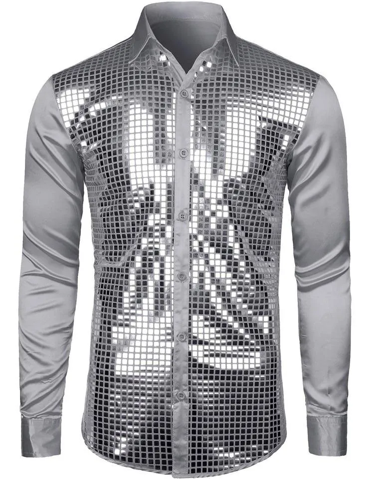 Mens Dress Shirt Silver Sequins Long Sleeve Button Down  Disco Shirt Party Costume