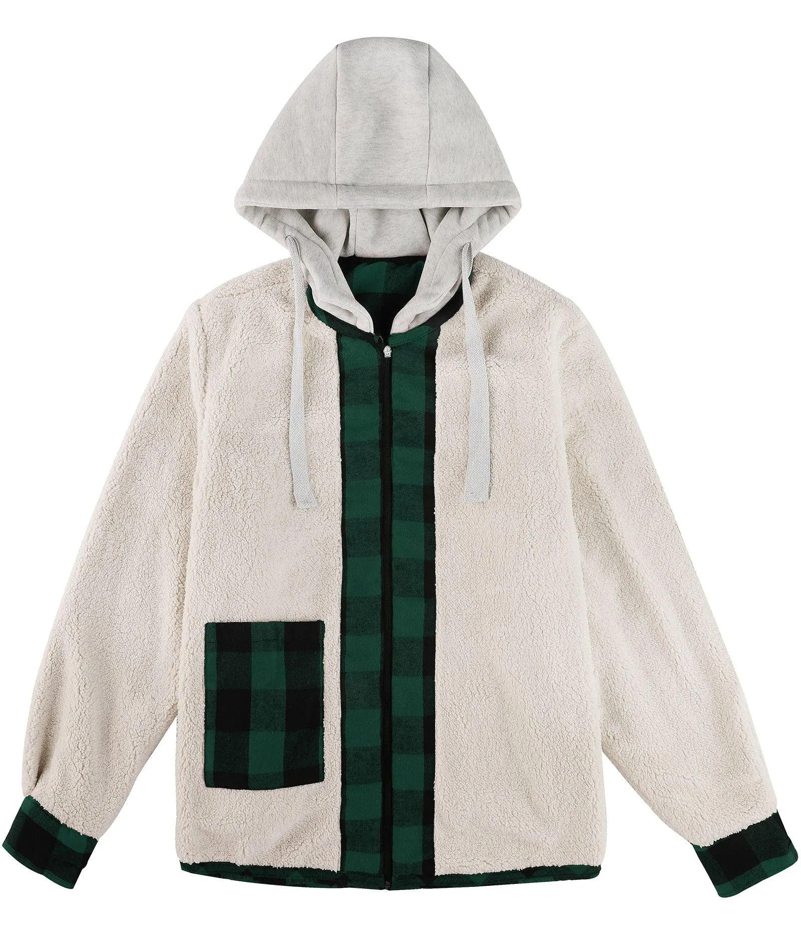 Men's Full Zipper Double Pocket Plaid Hoodie-ZPK007119