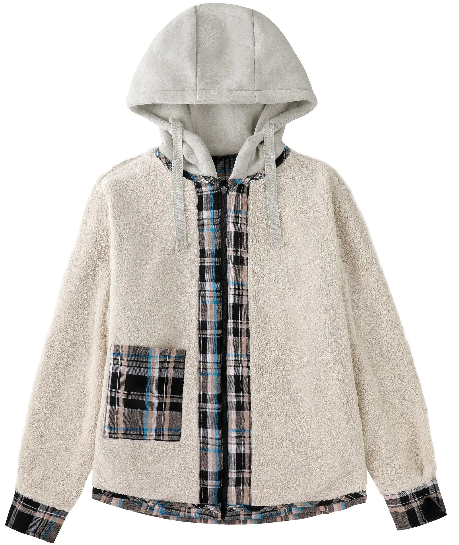 Men's Full Zipper Double Pocket Plaid Hoodie-ZPK007119