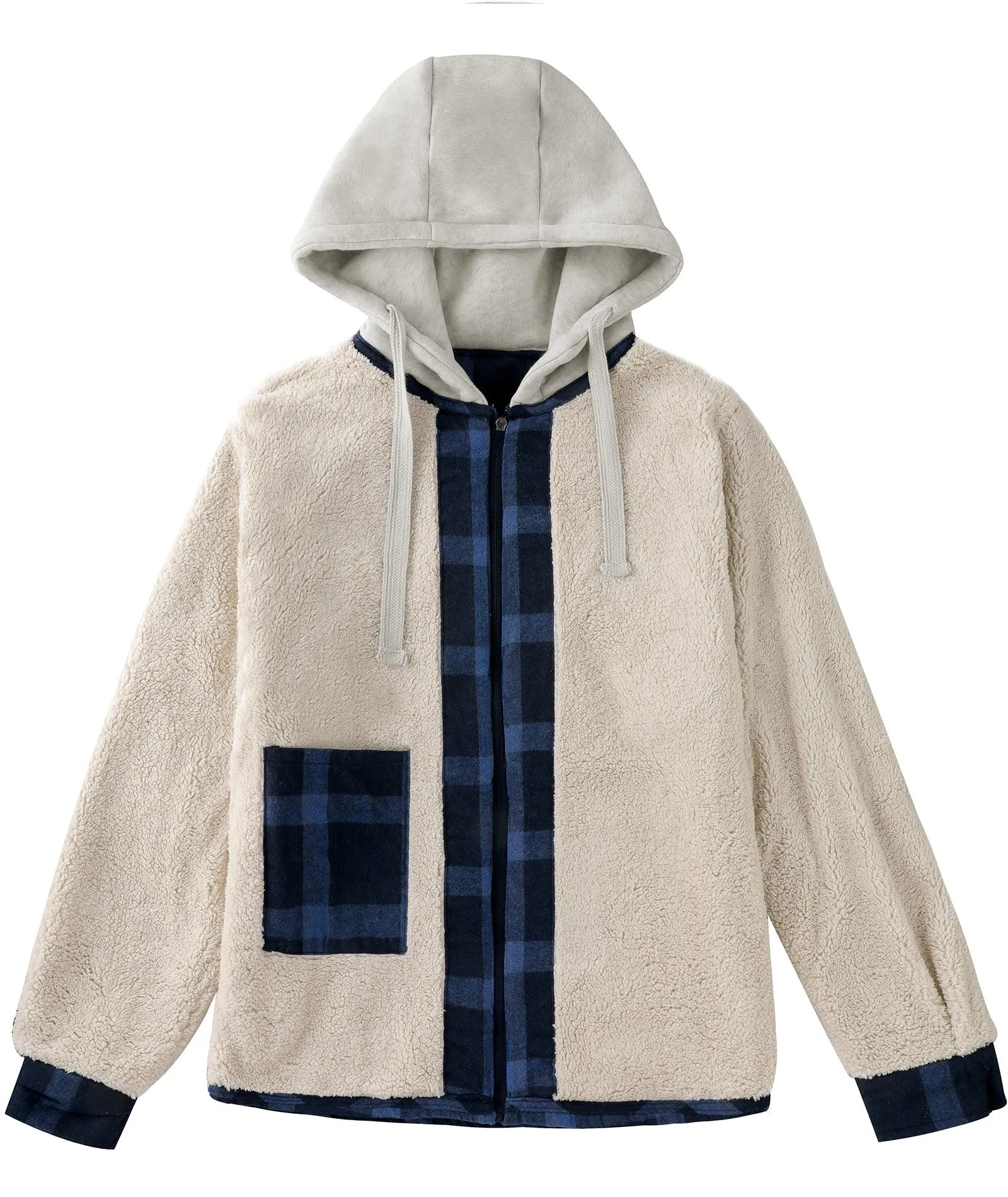 Men's Full Zipper Double Pocket Plaid Hoodie-ZPK007119