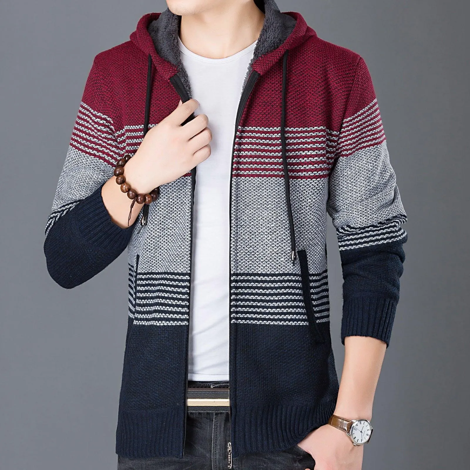 Men's Full Zipper Stripe Regular Fit Fleece Hoodie-CUMSW03214