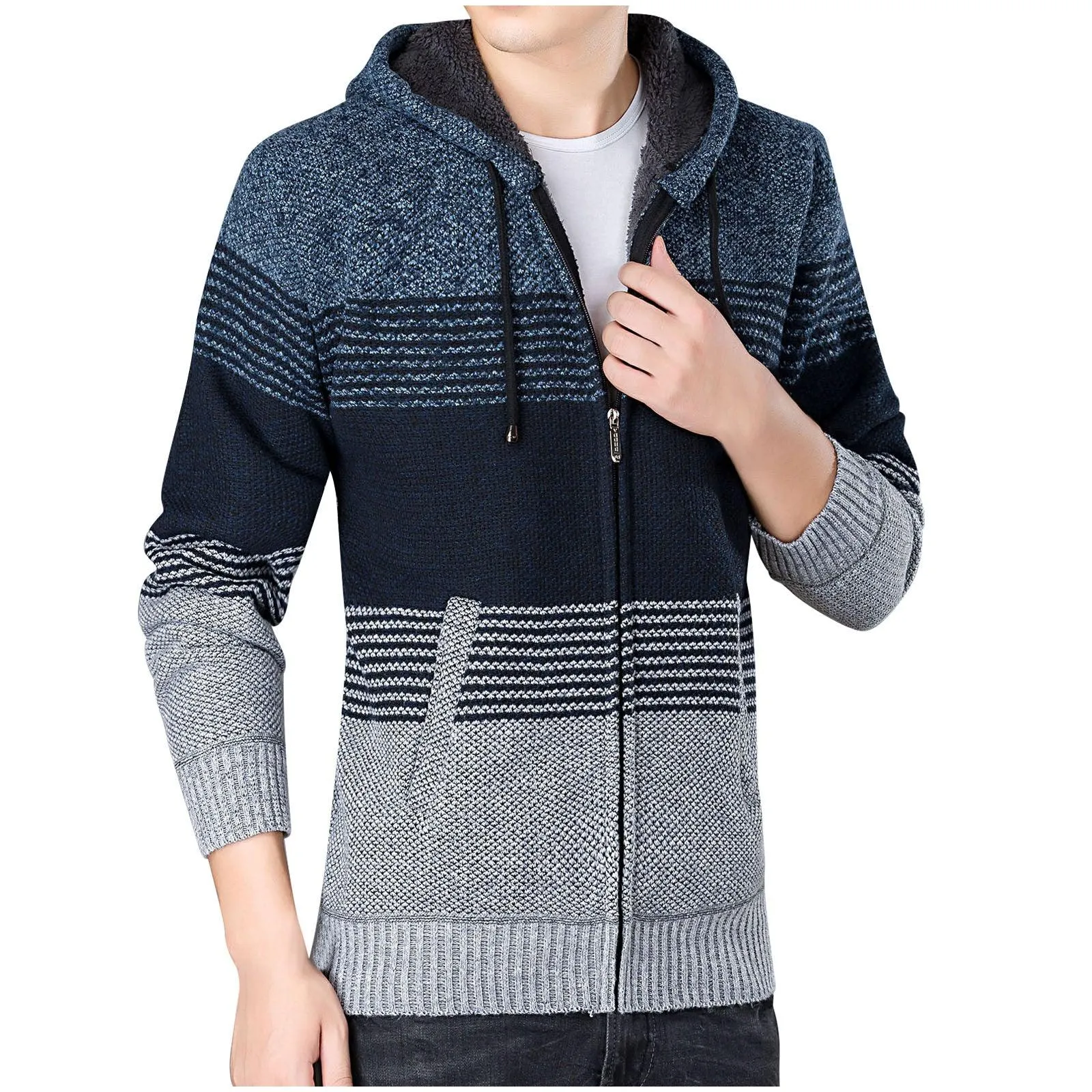 Men's Full Zipper Stripe Regular Fit Fleece Hoodie-CUMSW03214