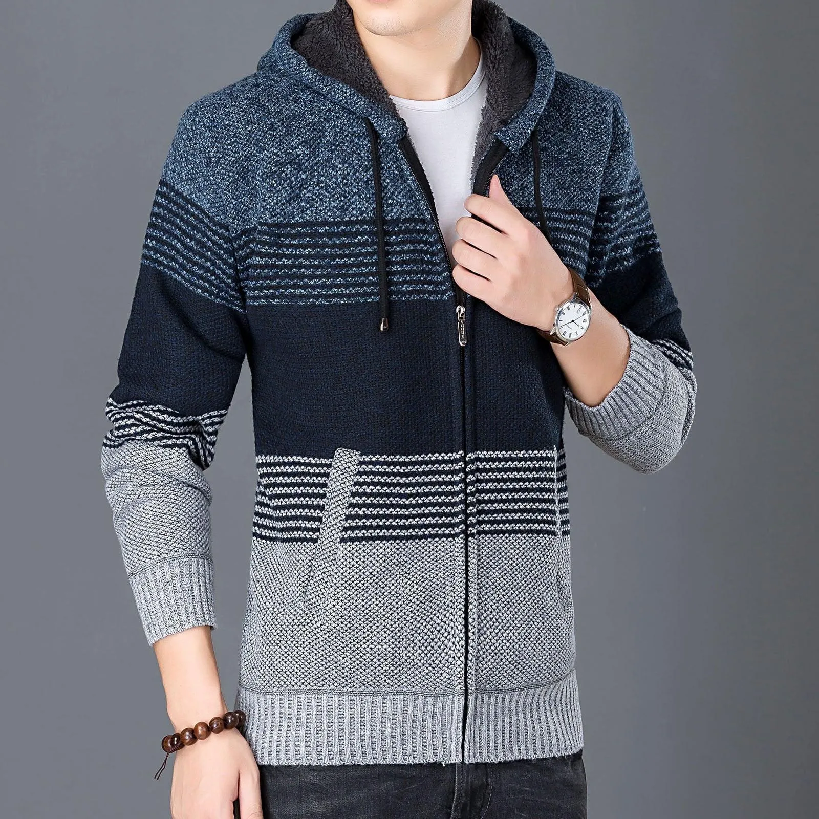 Men's Full Zipper Stripe Regular Fit Fleece Hoodie-CUMSW03214