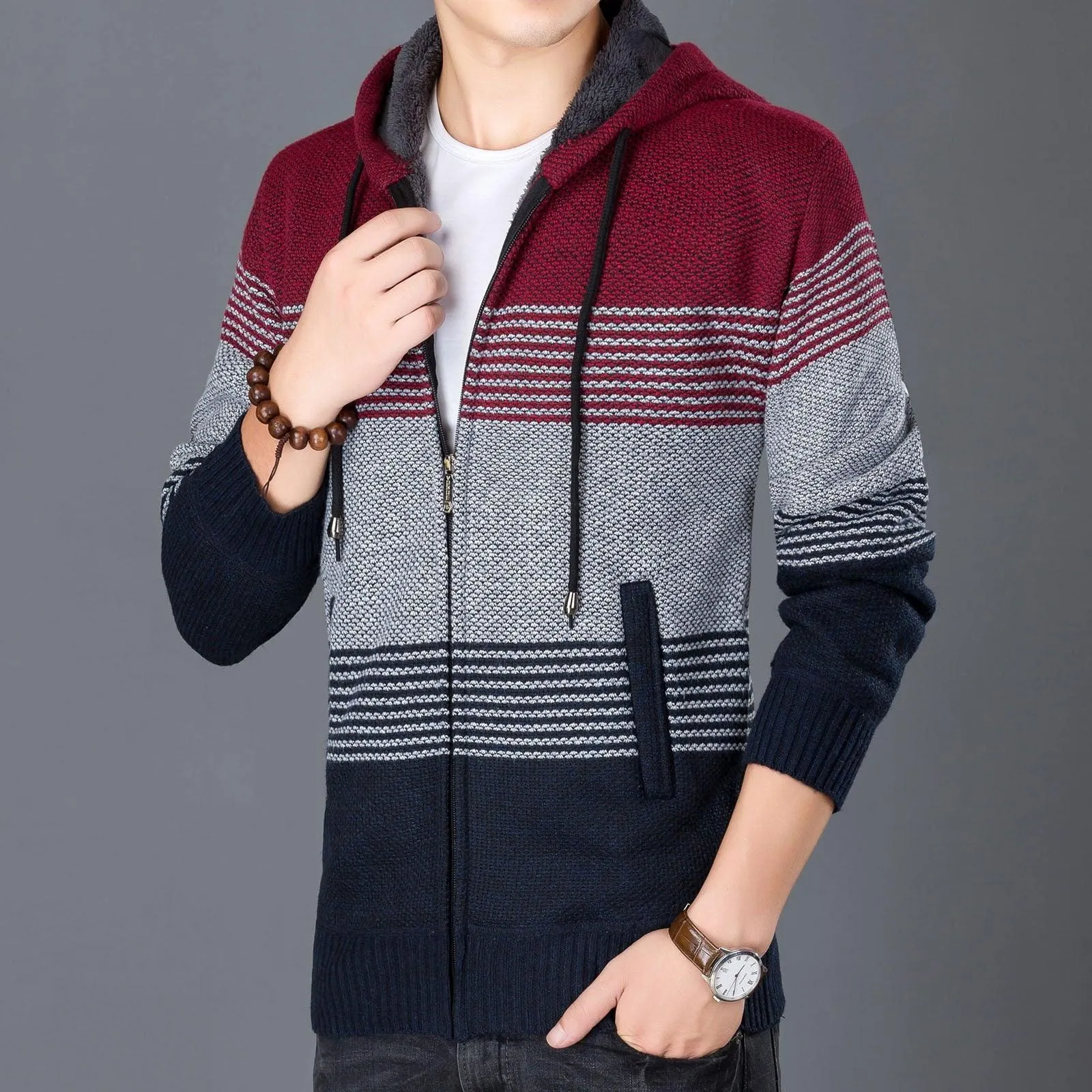 Men's Full Zipper Stripe Regular Fit Fleece Hoodie-CUMSW03214