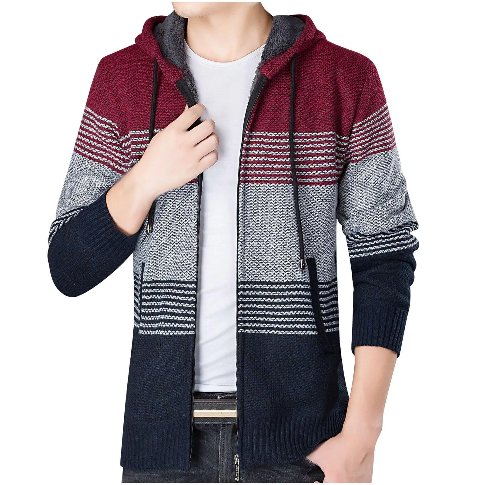 Men's Full Zipper Stripe Regular Fit Fleece Hoodie-CUMSW03214