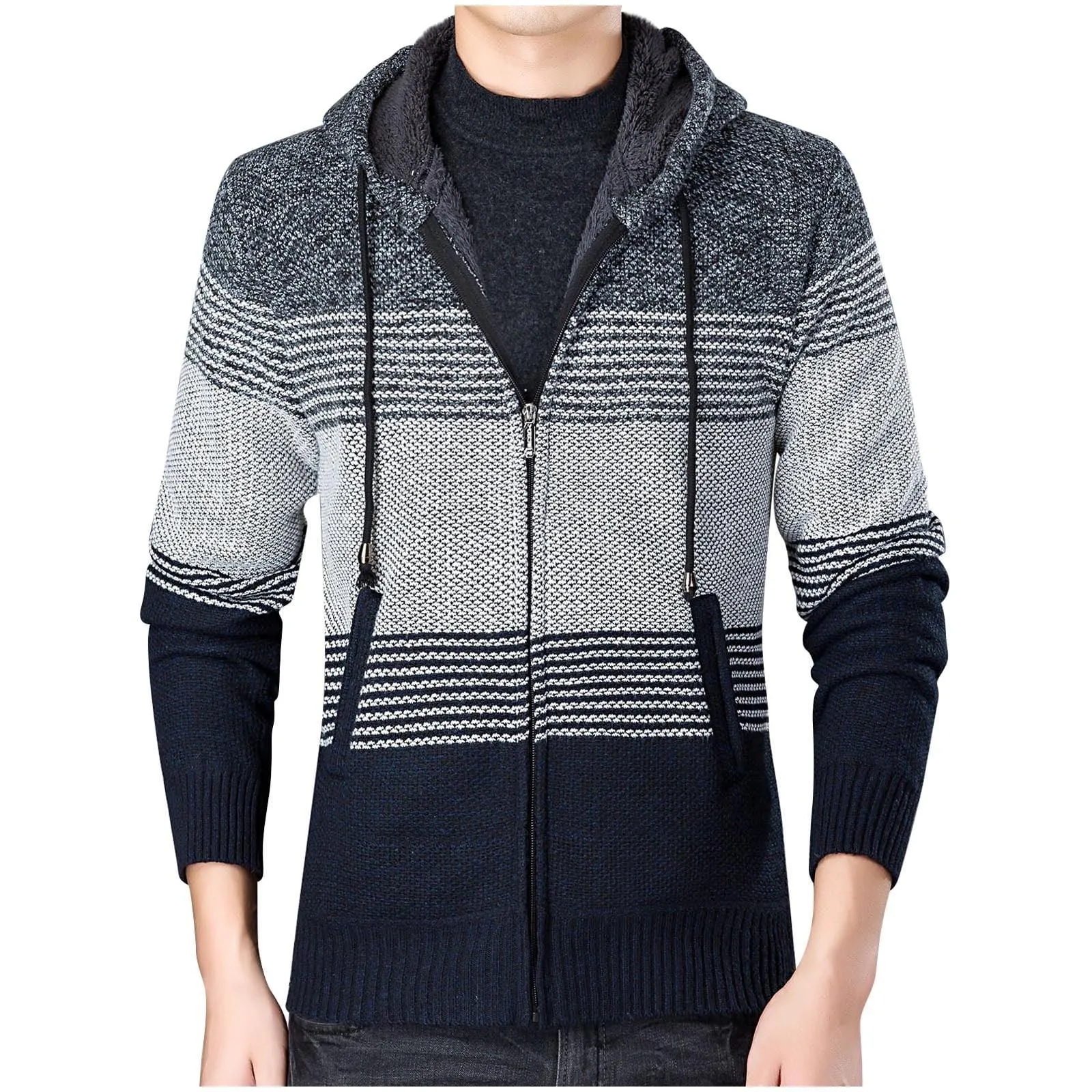 Men's Full Zipper Stripe Regular Fit Fleece Hoodie-CUMSW03214