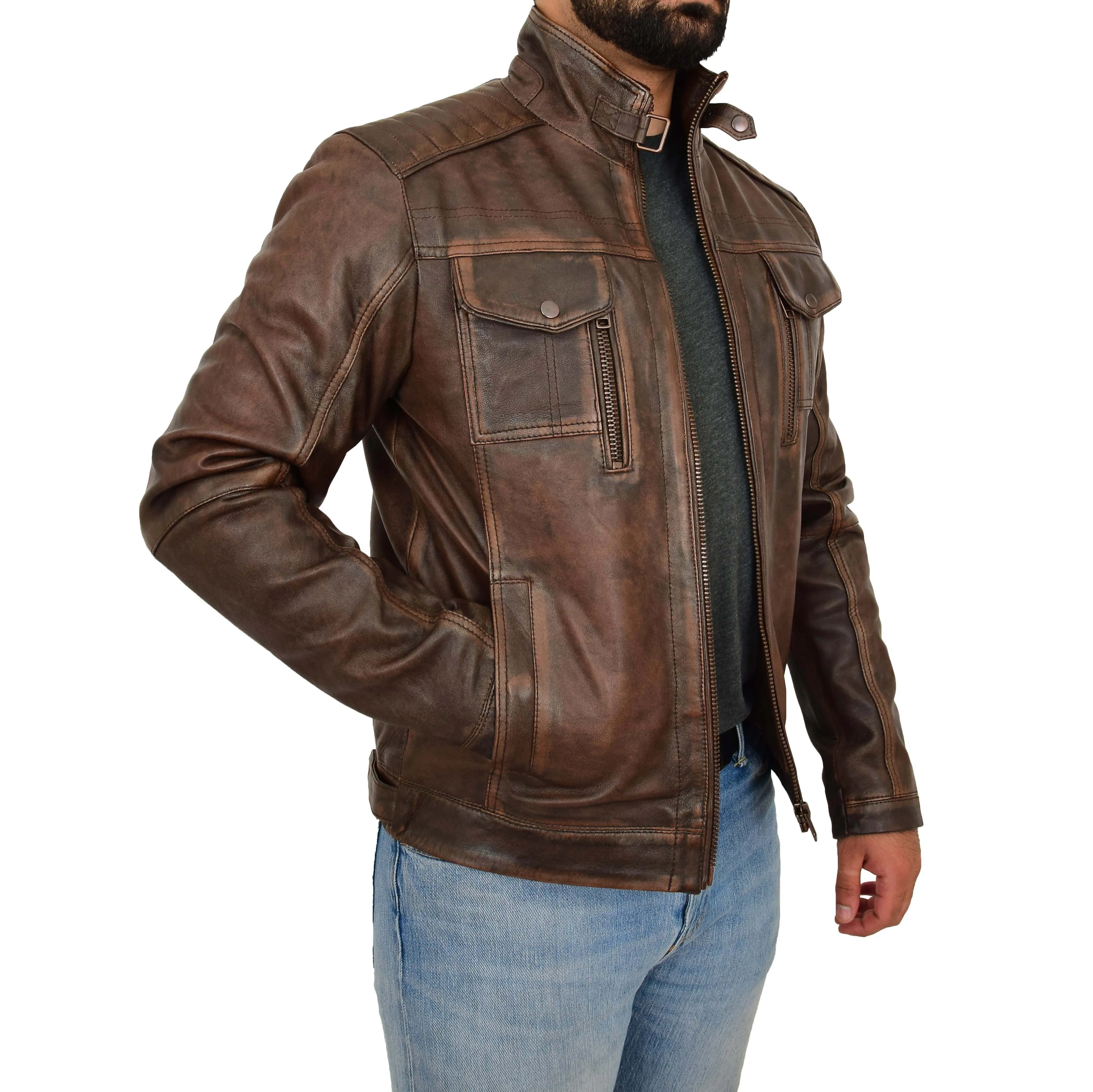 Mens Real Leather Vintage Brown Rub Off Antique Jacket Aron