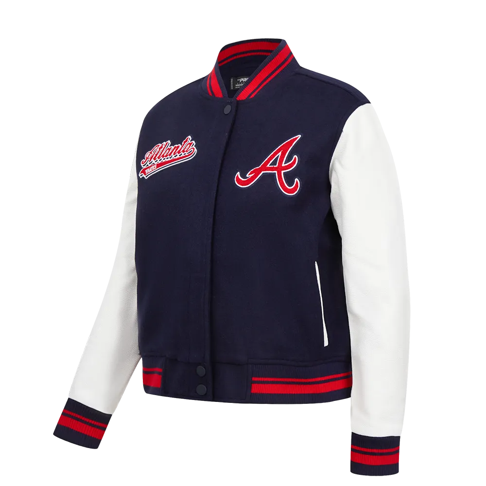 MLB ATLANTA BRAVES SCRIPT TAIL WOMEN'S WOOL VARSITY JACKET (MIDNIGHT NAVY/RED/MIDNIGHT NAVY)