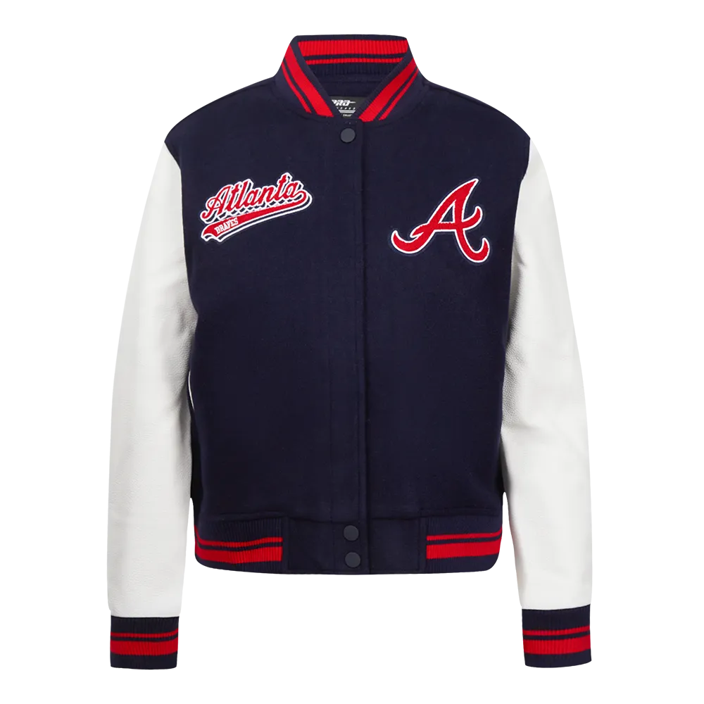 MLB ATLANTA BRAVES SCRIPT TAIL WOMEN'S WOOL VARSITY JACKET (MIDNIGHT NAVY/RED/MIDNIGHT NAVY)