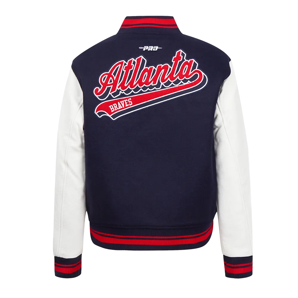 MLB ATLANTA BRAVES SCRIPT TAIL WOMEN'S WOOL VARSITY JACKET (MIDNIGHT NAVY/RED/MIDNIGHT NAVY)