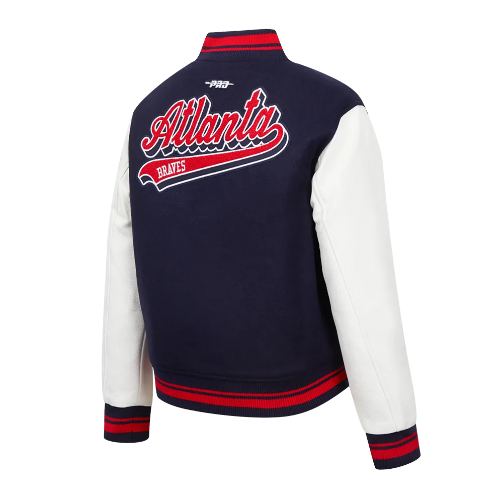 MLB ATLANTA BRAVES SCRIPT TAIL WOMEN'S WOOL VARSITY JACKET (MIDNIGHT NAVY/RED/MIDNIGHT NAVY)