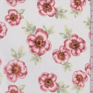 Off White/Rose Pink Floral Double Brushed Jersey Knit Fabric