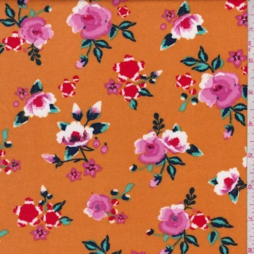 Pumpkin Vibrant Floral Double Brushed Jersey Knit Fabric