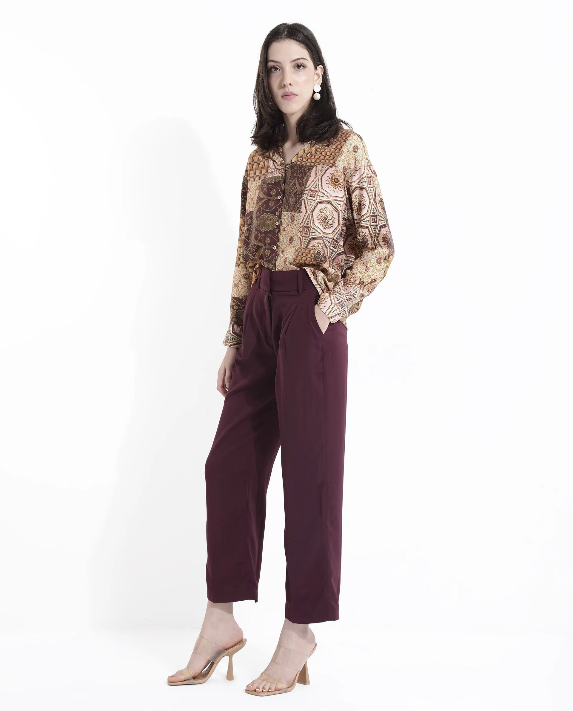 Rareism Women Urap Dark Maroon  Straight Fit Ankle Length Plain Trouser