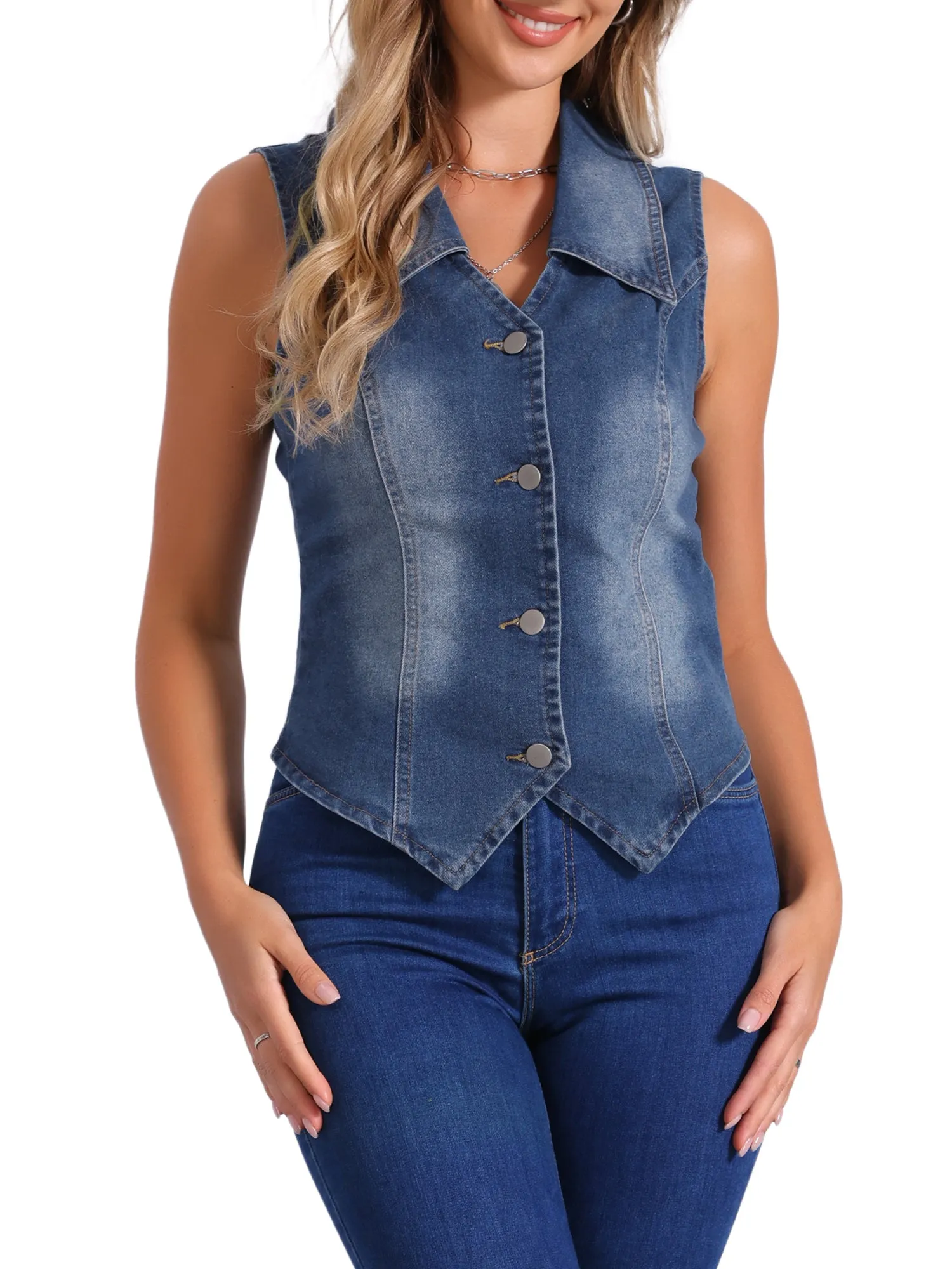 Sleeveless Collared Button Down Denim Vest