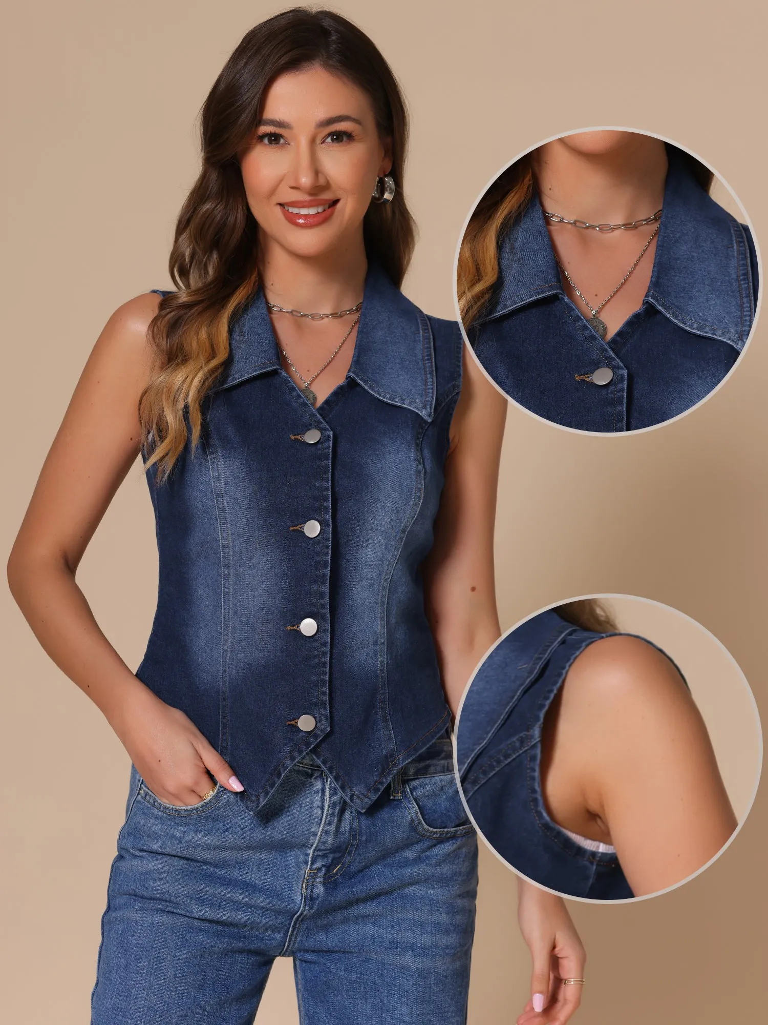 Sleeveless Collared Button Down Denim Vest