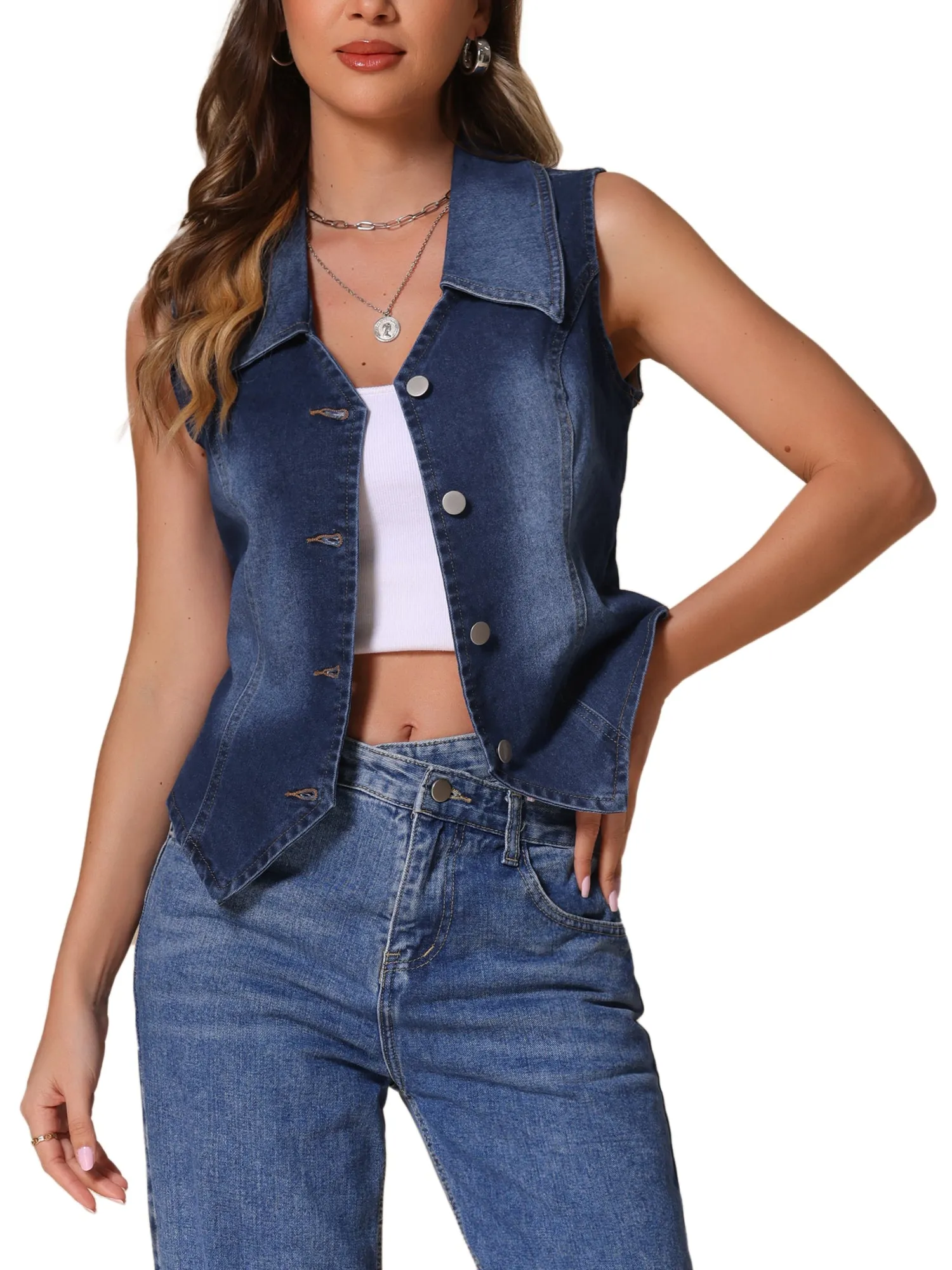 Sleeveless Collared Button Down Denim Vest