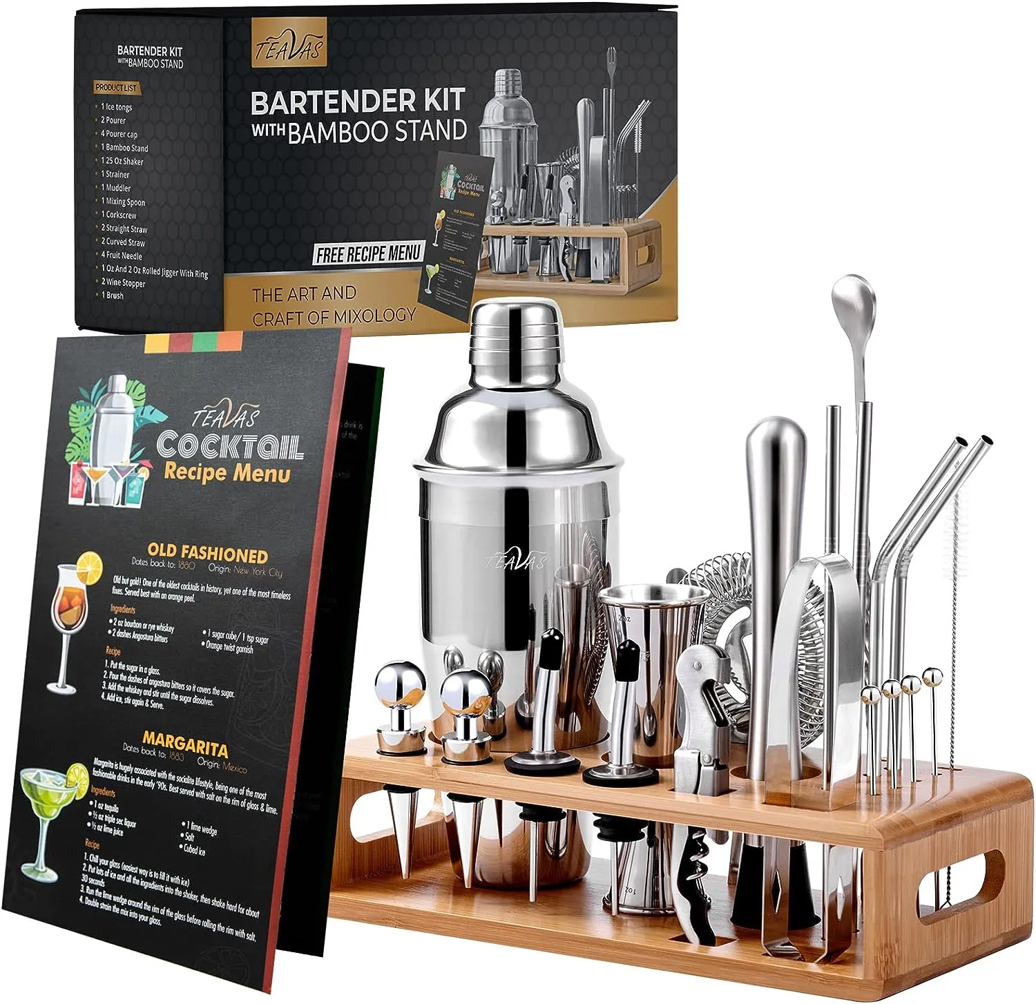 TEAVAS Mixology Bartender Kit with Japanese Jigger & Stand - 25 Piece Stainless Steel Cocktail Making Set with Shaker, Strainer, Mixer, Spoon, Muddler -Barware Accessories for Home Bars & Bartending