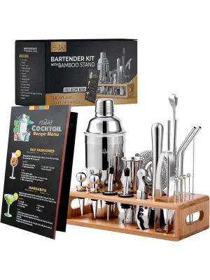 TEAVAS Mixology Bartender Kit with Japanese Jigger & Stand - 25 Piece Stainless Steel Cocktail Making Set with Shaker, Strainer, Mixer, Spoon, Muddler -Barware Accessories for Home Bars & Bartending