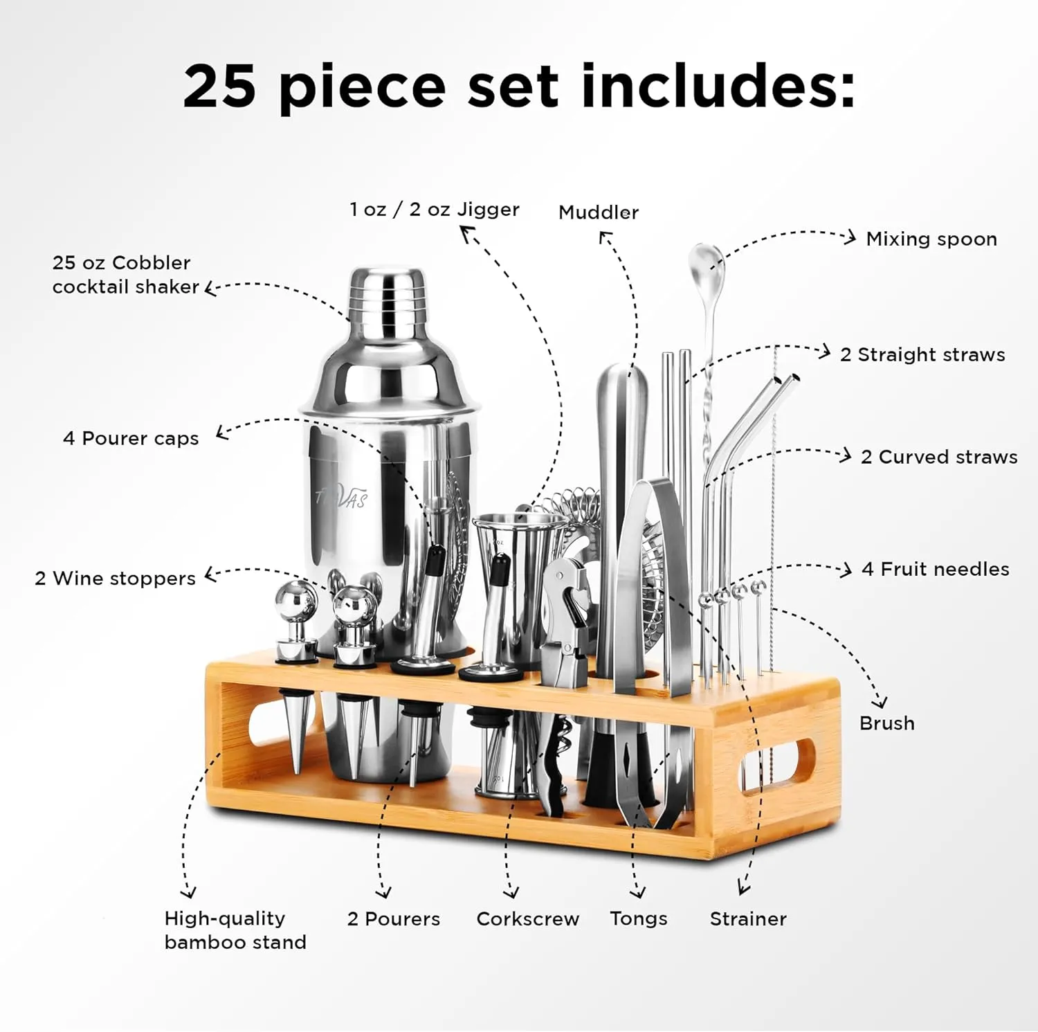 TEAVAS Mixology Bartender Kit with Japanese Jigger & Stand - 25 Piece Stainless Steel Cocktail Making Set with Shaker, Strainer, Mixer, Spoon, Muddler -Barware Accessories for Home Bars & Bartending