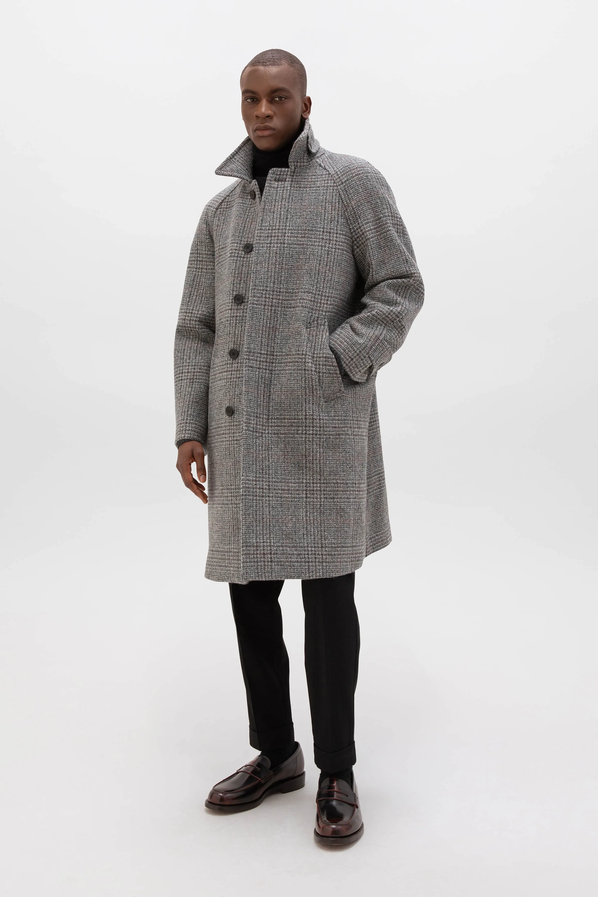 'The Balmacaan' Men's Coat | Grey & Rust Glen Check