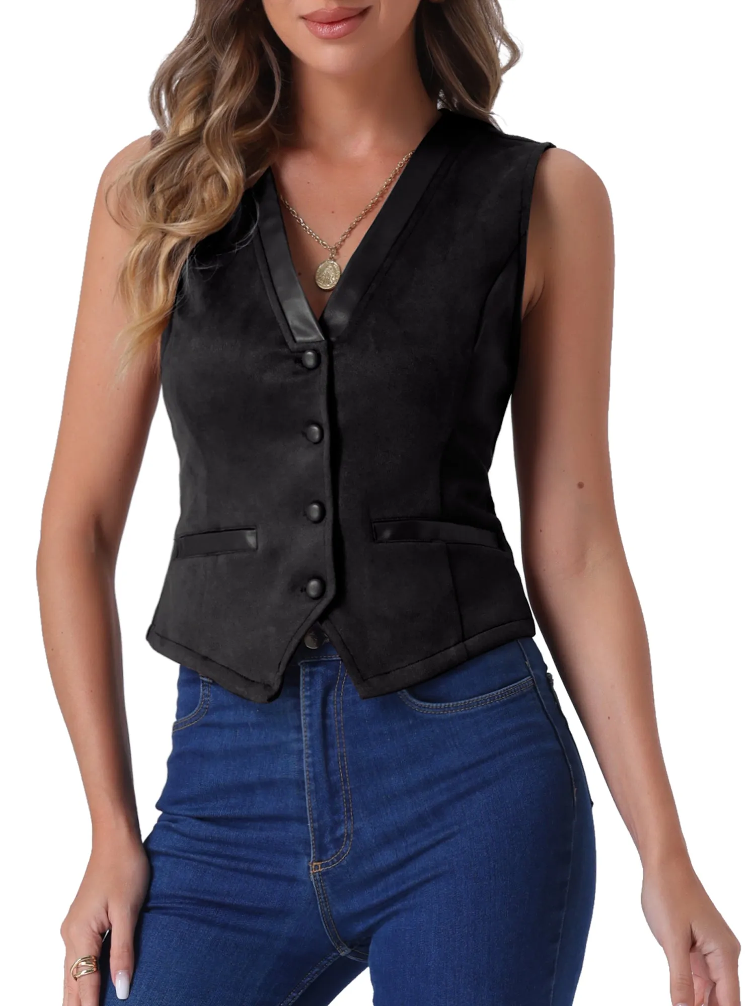 V Neck Faux Suede Button Down Vintage Sleeveless Casual Vest