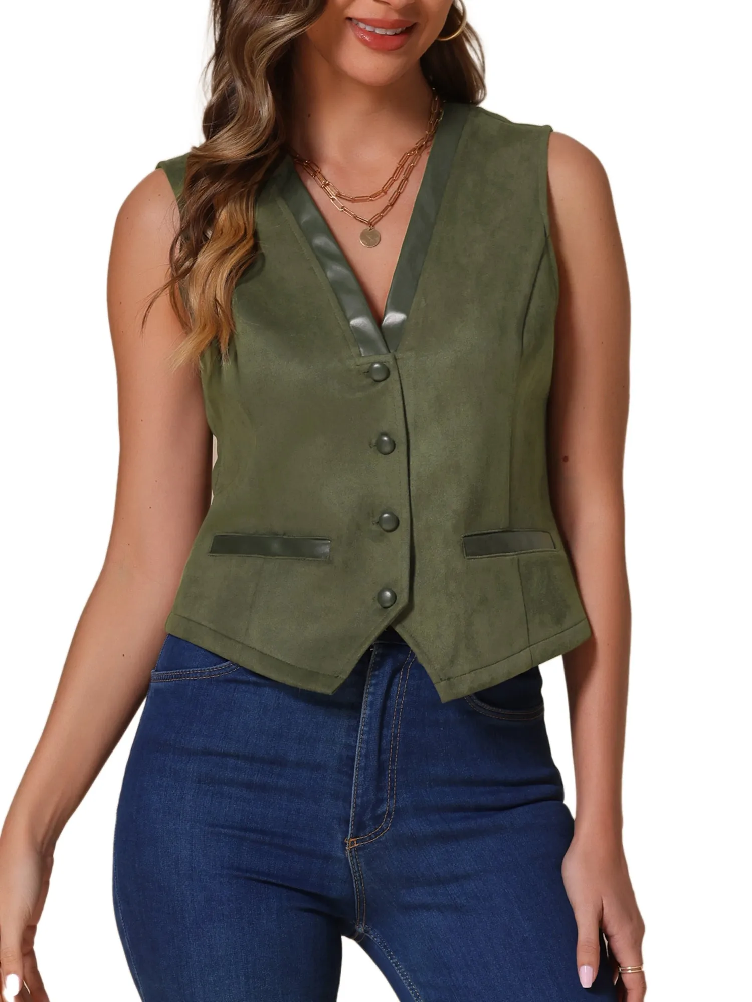 V Neck Faux Suede Button Down Vintage Sleeveless Casual Vest