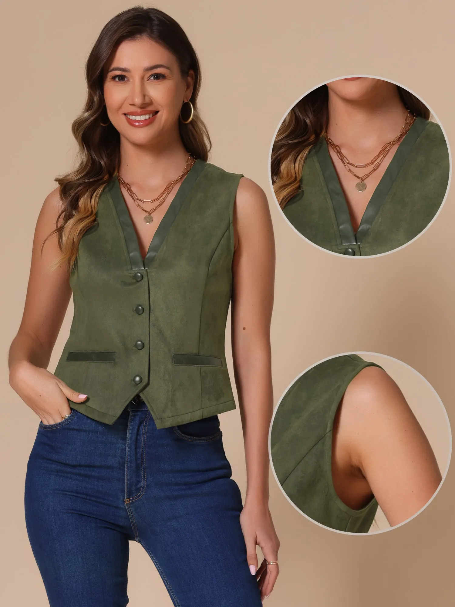 V Neck Faux Suede Button Down Vintage Sleeveless Casual Vest